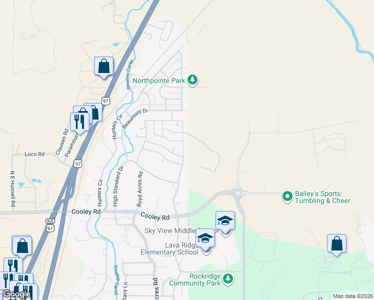map of restaurants, bars, coffee shops, grocery stores, and more near 63692 Ranch Village Drive in Bend
