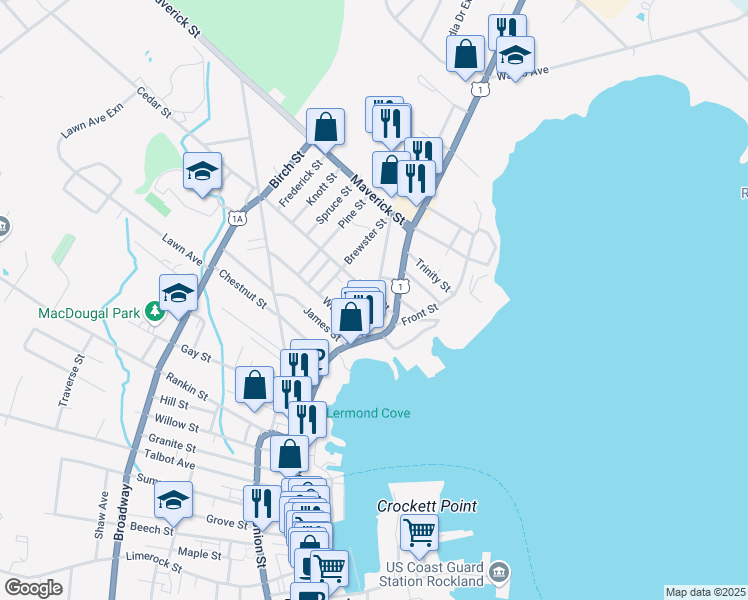 map of restaurants, bars, coffee shops, grocery stores, and more near 3 Jefferson Street in Rockland