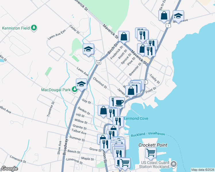 map of restaurants, bars, coffee shops, grocery stores, and more near 47 James Street in Rockland