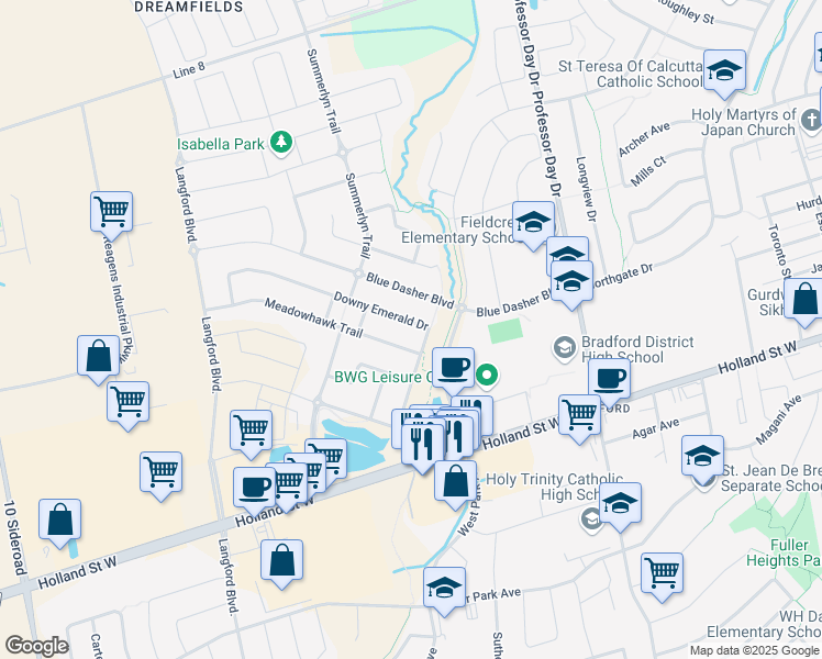 map of restaurants, bars, coffee shops, grocery stores, and more near in Bradford West Gwillimbury