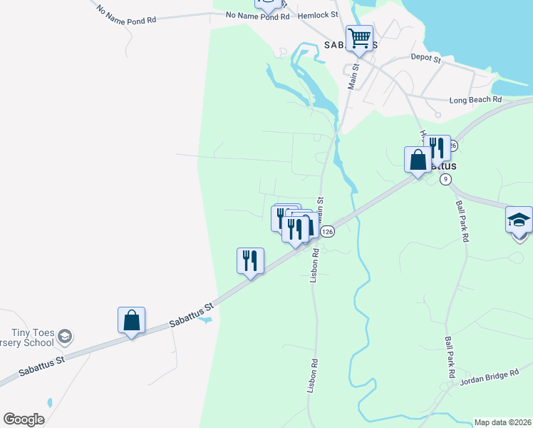 map of restaurants, bars, coffee shops, grocery stores, and more near 9 Rachel Street in Sabattus