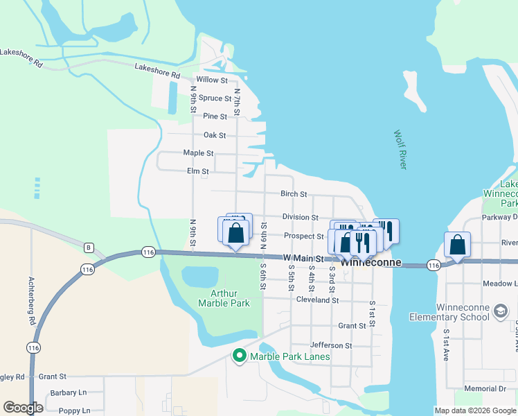 map of restaurants, bars, coffee shops, grocery stores, and more near 235 North 6th Street in Winneconne