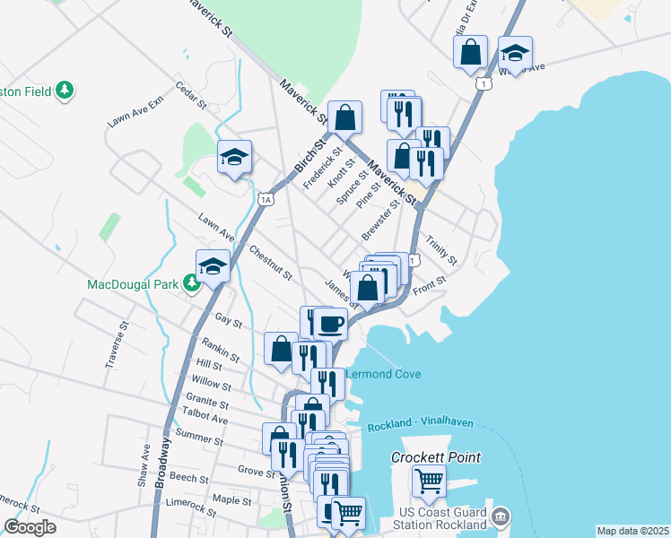 map of restaurants, bars, coffee shops, grocery stores, and more near 38 Warren Street in Rockland