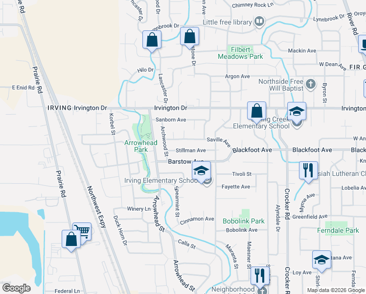 map of restaurants, bars, coffee shops, grocery stores, and more near 1085 Stillman Avenue in Eugene