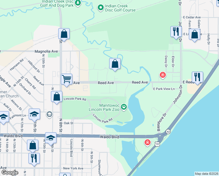 map of restaurants, bars, coffee shops, grocery stores, and more near 333 Reed Avenue in Manitowoc