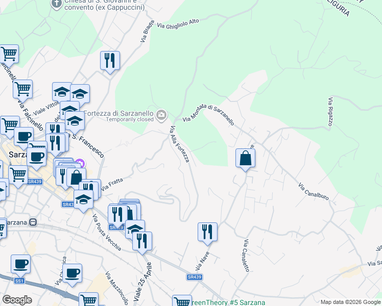 map of restaurants, bars, coffee shops, grocery stores, and more near 19-35 Via della Fortezza in Sarzana