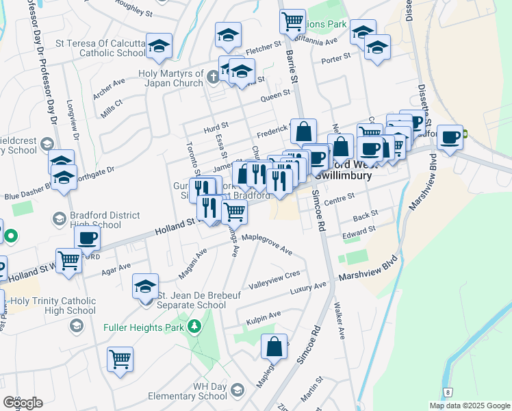 map of restaurants, bars, coffee shops, grocery stores, and more near 108 Holland Street West in Bradford West Gwillimbury