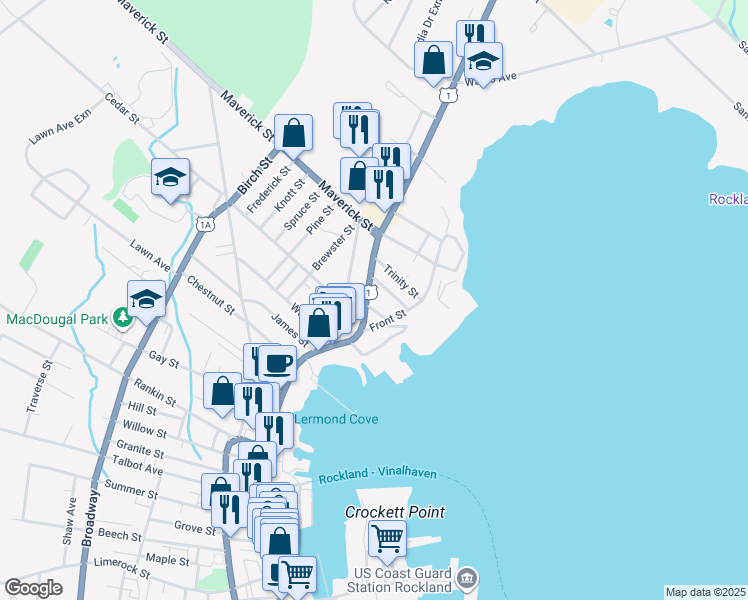 map of restaurants, bars, coffee shops, grocery stores, and more near 20 Perry Street in Rockland