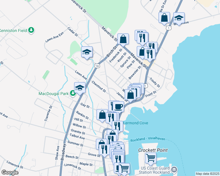 map of restaurants, bars, coffee shops, grocery stores, and more near 47 James Street in Rockland
