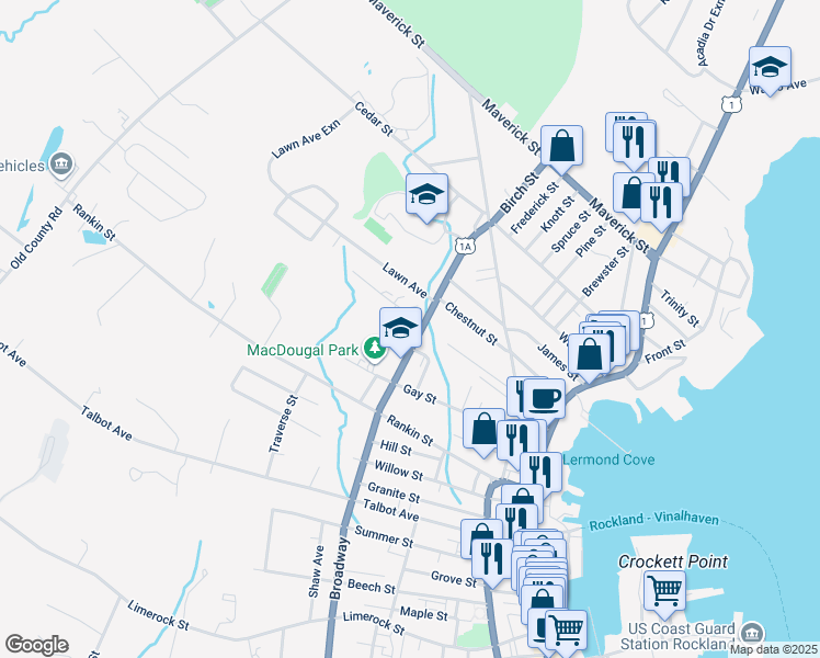 map of restaurants, bars, coffee shops, grocery stores, and more near 363 Broadway in Rockland