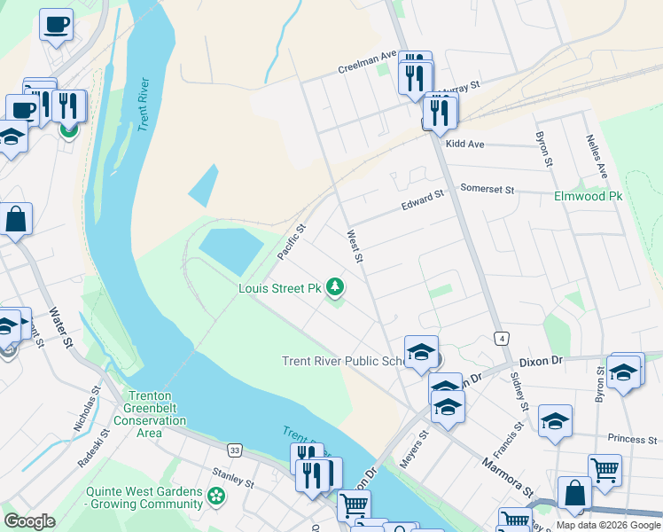 map of restaurants, bars, coffee shops, grocery stores, and more near in Quinte West