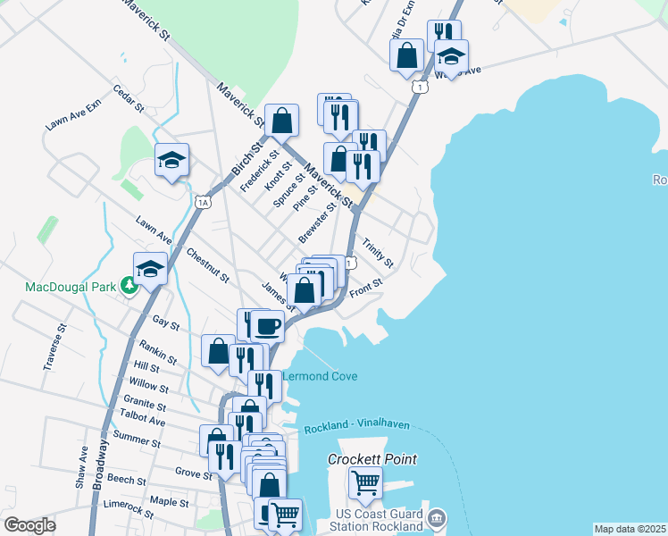 map of restaurants, bars, coffee shops, grocery stores, and more near 3 Jefferson Street in Rockland