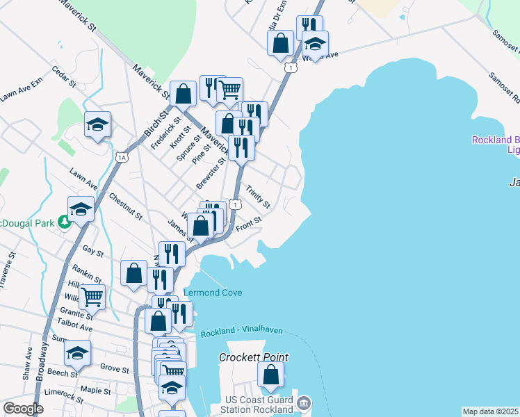 map of restaurants, bars, coffee shops, grocery stores, and more near 24 Trinity Street in Rockland