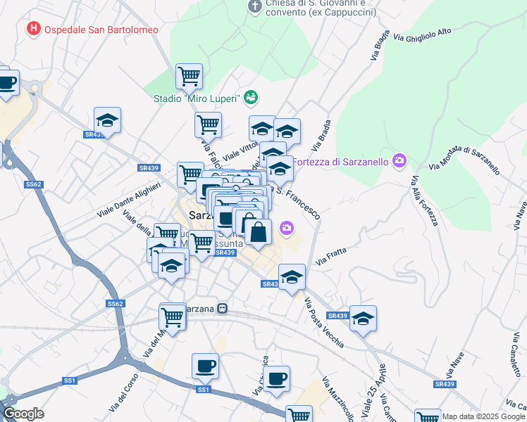 map of restaurants, bars, coffee shops, grocery stores, and more near 7 Via della Croce in Sarzana