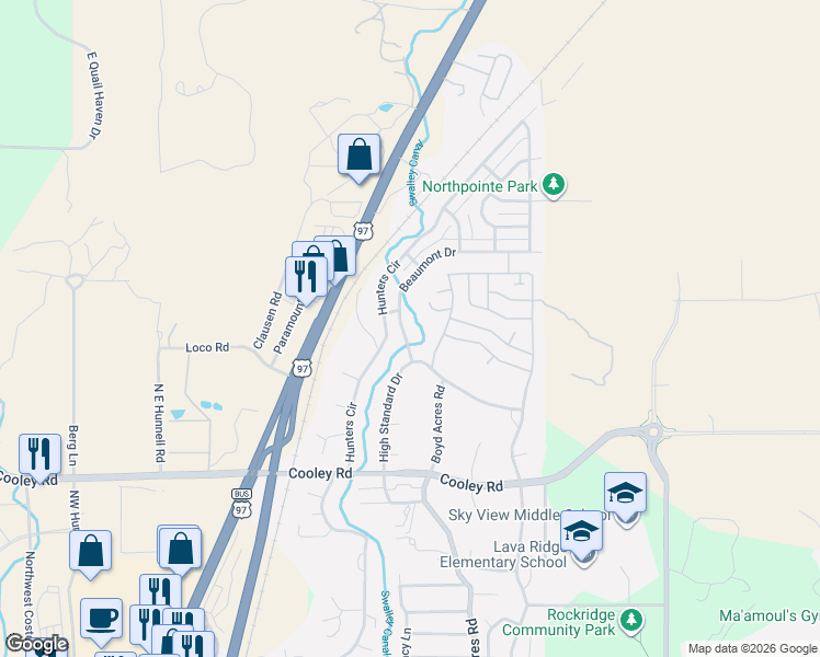 map of restaurants, bars, coffee shops, grocery stores, and more near 20649 Beaumont Drive in Bend