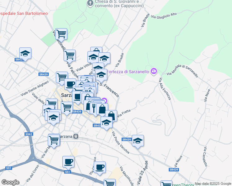 map of restaurants, bars, coffee shops, grocery stores, and more near 18 Via San Francesco in Sarzana