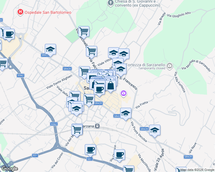 map of restaurants, bars, coffee shops, grocery stores, and more near 16 Via Torrione San Francesco in Sarzana