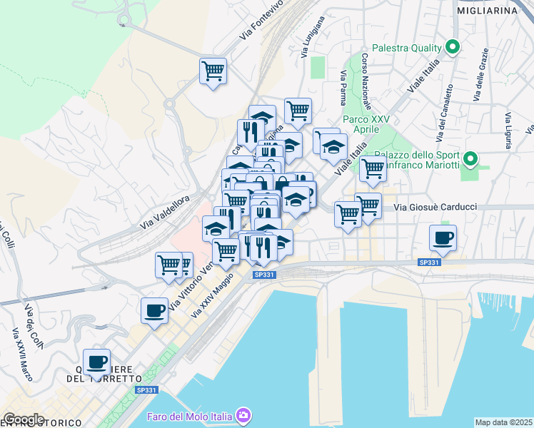 map of restaurants, bars, coffee shops, grocery stores, and more near 48 Via Giovanni Pascoli in La Spezia