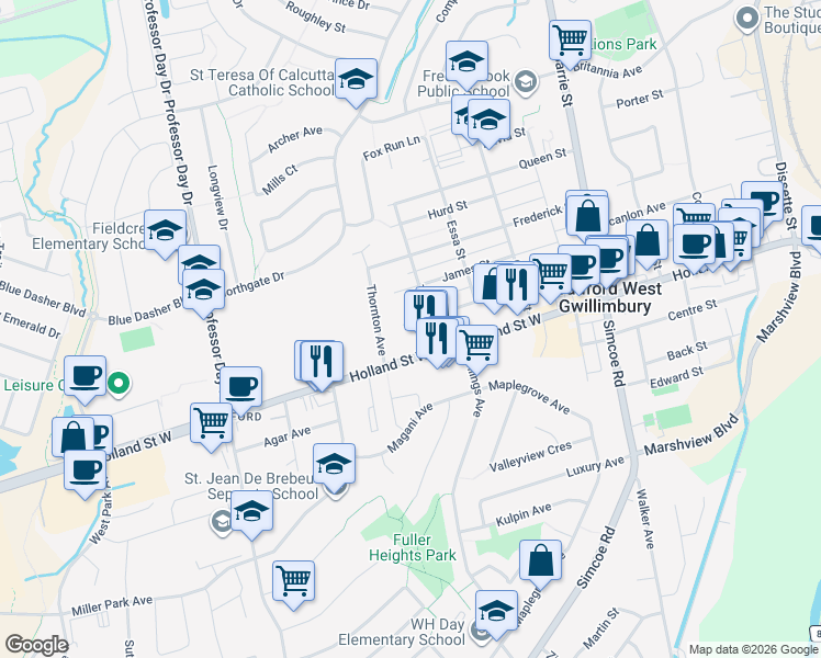 map of restaurants, bars, coffee shops, grocery stores, and more near 200 John Street West in Bradford West Gwillimbury