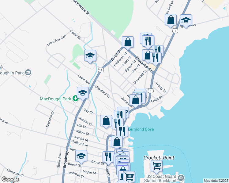 map of restaurants, bars, coffee shops, grocery stores, and more near 47 James Street in Rockland
