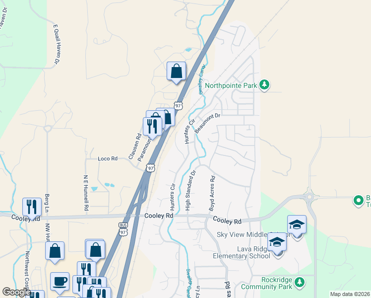 map of restaurants, bars, coffee shops, grocery stores, and more near 63709 Hunters Circle in Bend
