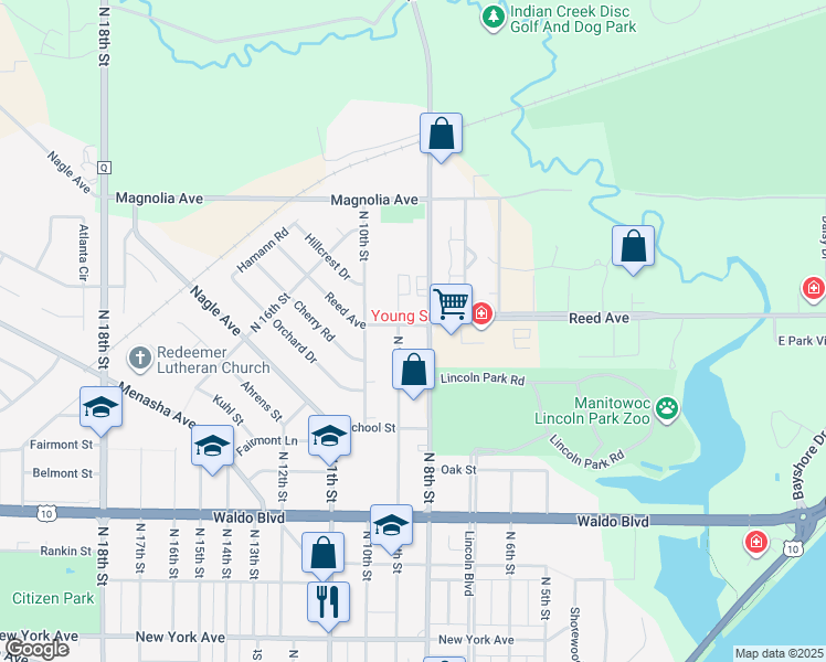 map of restaurants, bars, coffee shops, grocery stores, and more near 815 Reed Avenue in Manitowoc