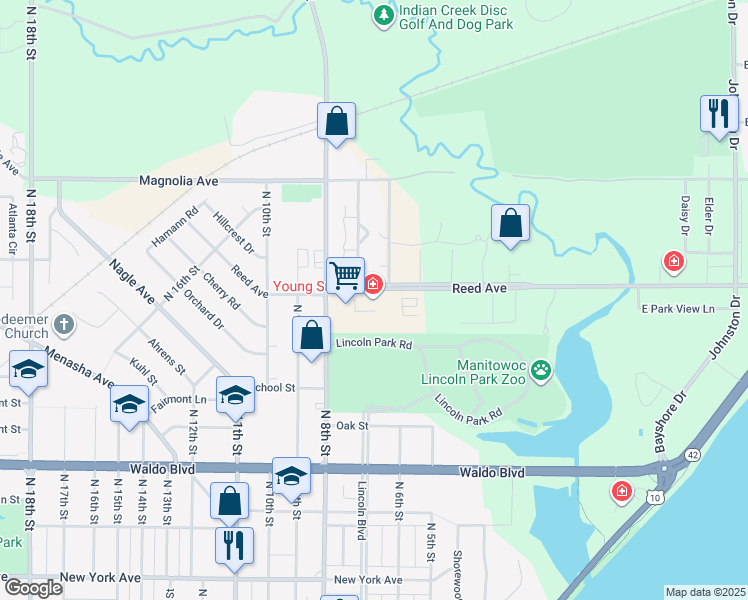 map of restaurants, bars, coffee shops, grocery stores, and more near 605 Reed Avenue in Manitowoc