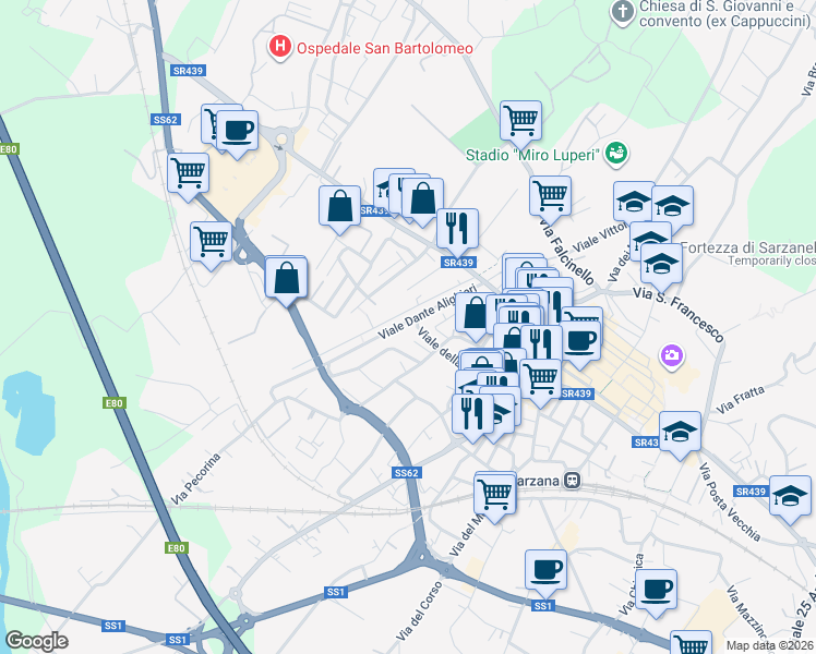 map of restaurants, bars, coffee shops, grocery stores, and more near 25 Via Dante Alighieri in Sarzana
