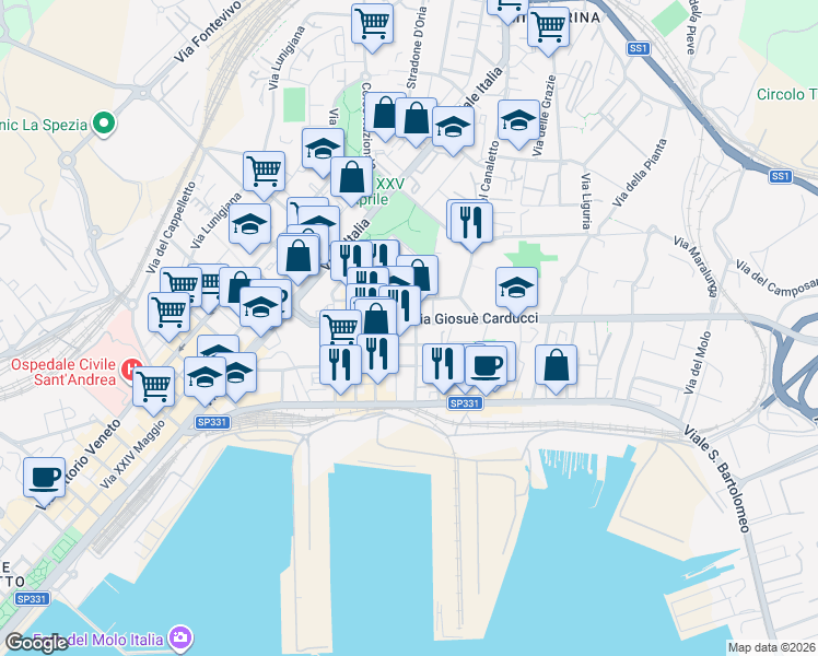 map of restaurants, bars, coffee shops, grocery stores, and more near 68 Via Giosuè Carducci in La Spezia