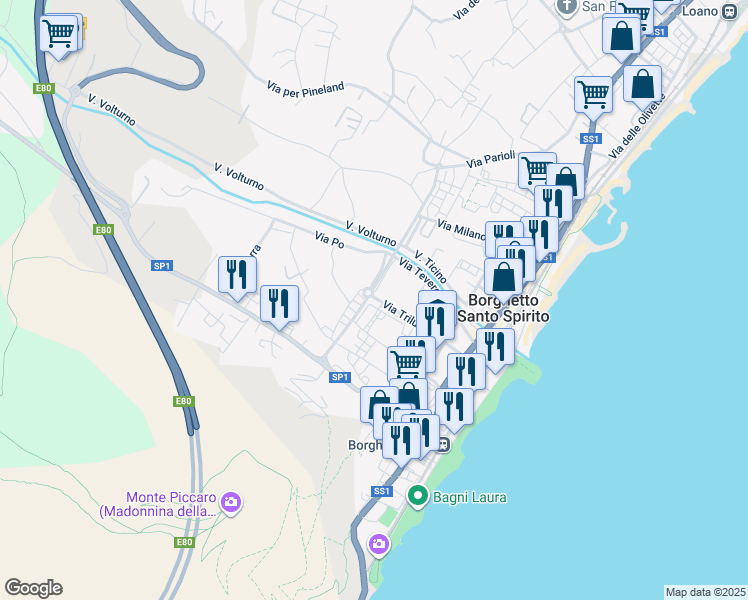 map of restaurants, bars, coffee shops, grocery stores, and more near 1r Corso Raffaello in Borghetto Santo Spirito
