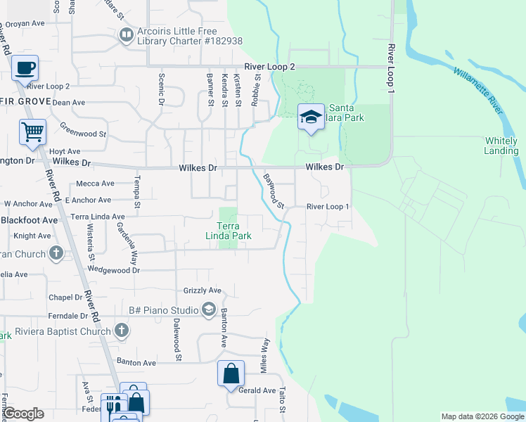 map of restaurants, bars, coffee shops, grocery stores, and more near 683 Terra Linda Avenue in Eugene