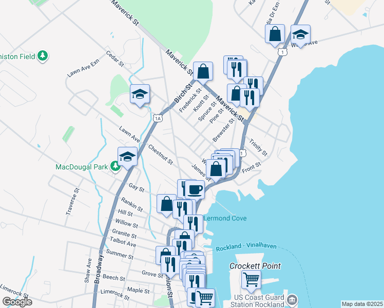 map of restaurants, bars, coffee shops, grocery stores, and more near 44 Warren Street in Rockland