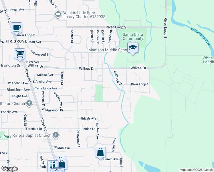 map of restaurants, bars, coffee shops, grocery stores, and more near 647 Terra Linda Avenue in Eugene