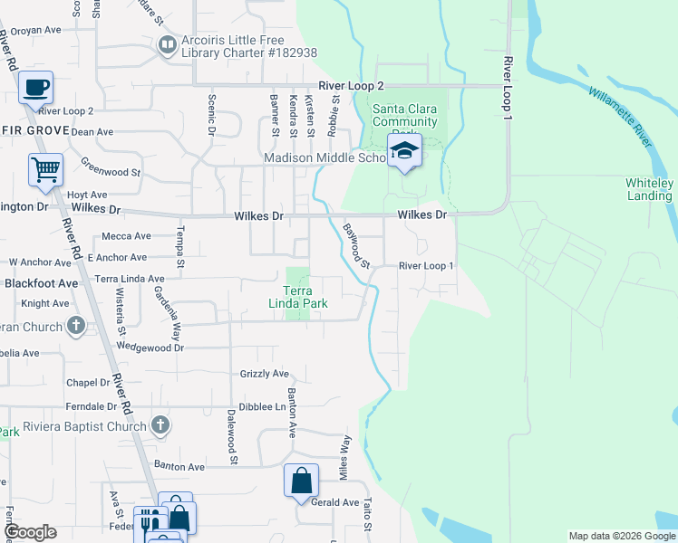 map of restaurants, bars, coffee shops, grocery stores, and more near 3446 Baywood Street in Eugene