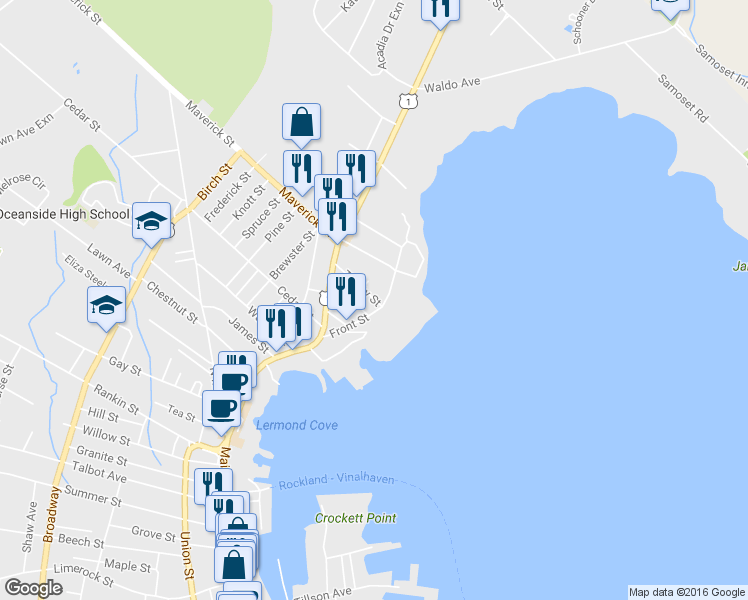 map of restaurants, bars, coffee shops, grocery stores, and more near 24 Trinity Street in Rockland