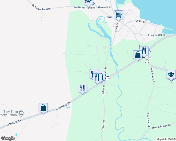 map of restaurants, bars, coffee shops, grocery stores, and more near 9 Rachel Street in Sabattus