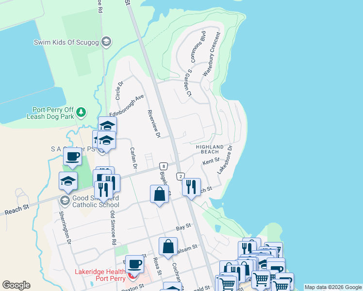 map of restaurants, bars, coffee shops, grocery stores, and more near 2 Holtby Court in Port Perry