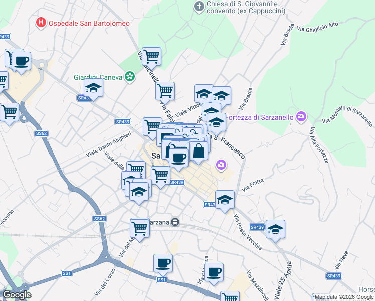 map of restaurants, bars, coffee shops, grocery stores, and more near 3 Via Nicolò Mascardi in Sarzana