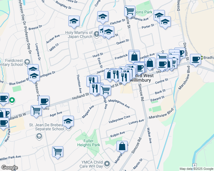 map of restaurants, bars, coffee shops, grocery stores, and more near 123 Holland Street West in Bradford West Gwillimbury