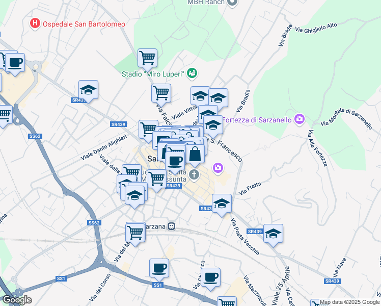 map of restaurants, bars, coffee shops, grocery stores, and more near 16 Via Torrione San Francesco in Sarzana