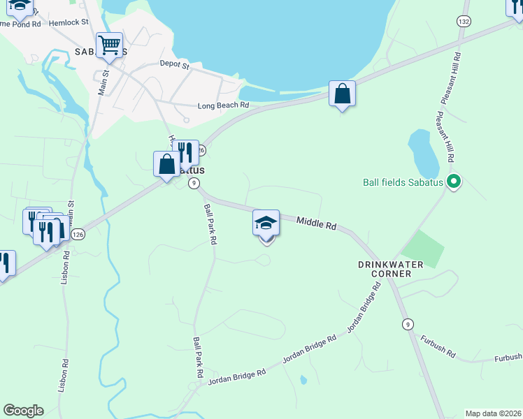 map of restaurants, bars, coffee shops, grocery stores, and more near 62 Middle Road in Sabattus