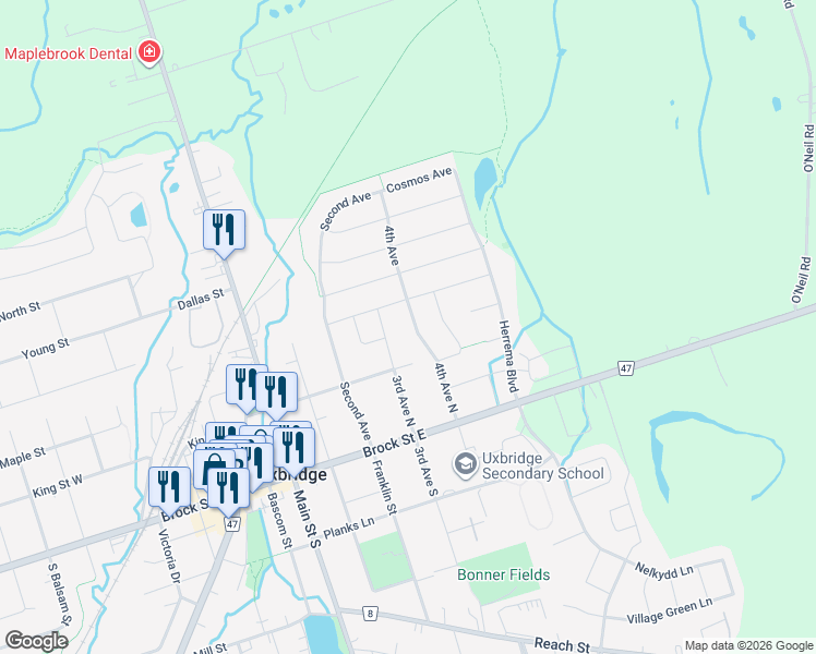 map of restaurants, bars, coffee shops, grocery stores, and more near 30 4th Avenue North in Uxbridge