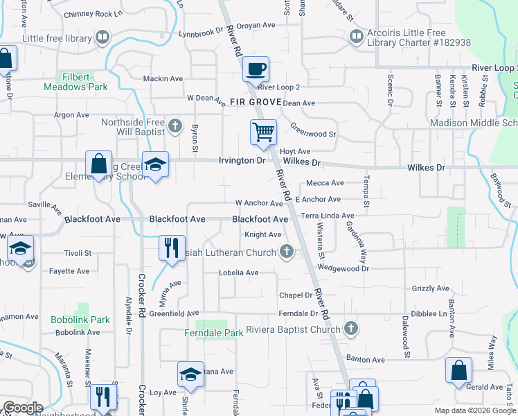 map of restaurants, bars, coffee shops, grocery stores, and more near 98 West Anchor Avenue in Eugene