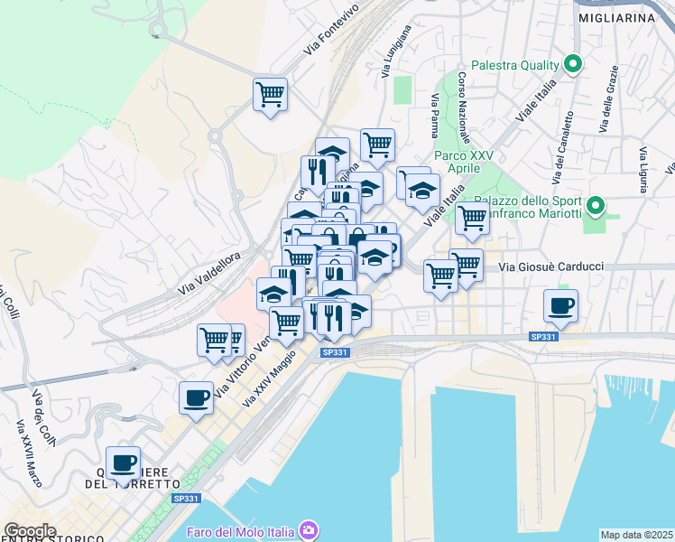 map of restaurants, bars, coffee shops, grocery stores, and more near 48 Via Giovanni Pascoli in La Spezia