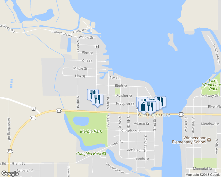 map of restaurants, bars, coffee shops, grocery stores, and more near 235 North 6th Street in Winneconne