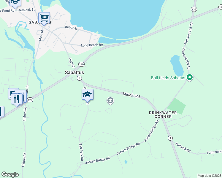 map of restaurants, bars, coffee shops, grocery stores, and more near 62 Middle Road in Sabattus