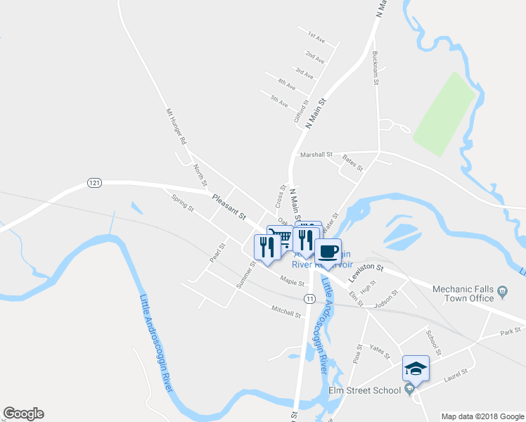 map of restaurants, bars, coffee shops, grocery stores, and more near 20 East Dwinal Street in Mechanic Falls
