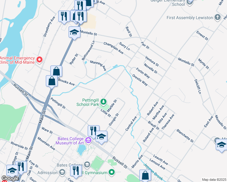 map of restaurants, bars, coffee shops, grocery stores, and more near 439 College Street in Lewiston