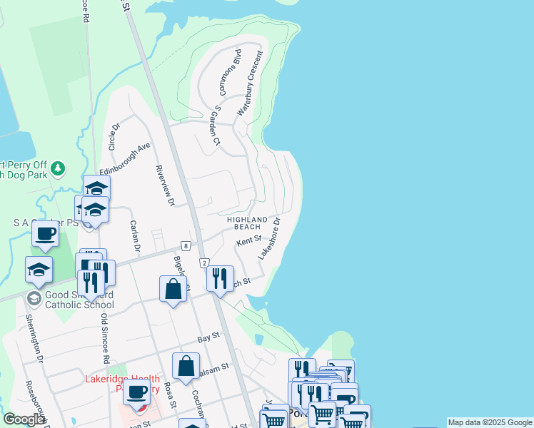 map of restaurants, bars, coffee shops, grocery stores, and more near 52 Coulter Street in Port Perry