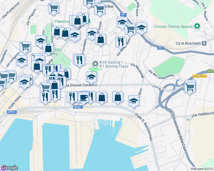 map of restaurants, bars, coffee shops, grocery stores, and more near Via Giosuè Carducci in La Spezia